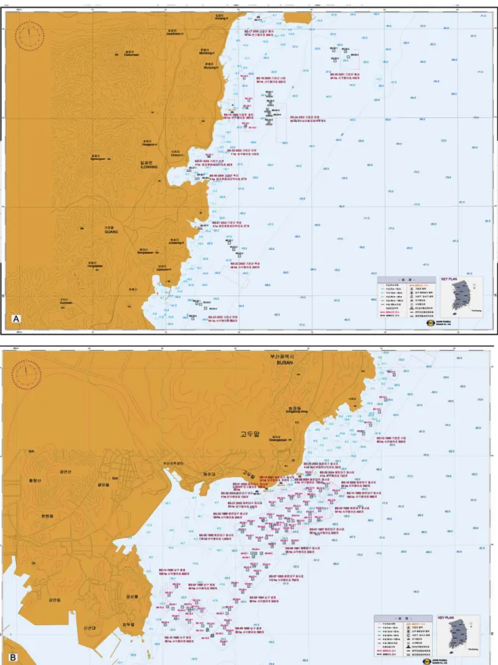 Fig. 4. Spatial distribution of artificial reefs deployed in the Busan sea region(A - Gijang sea region, B - Haeundae and Namgu sea region, C - Saha and Gangseo sea region).