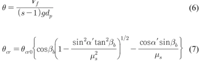 Fig. 1. Force Balance on a Single Moving Particle on a Sloping Bed (1)                                                                             (2)여기서 는 , , 방향의 유속, 