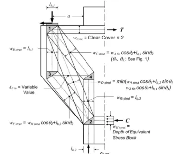 Fig. 3. Maximum Provided Cross-sectional Areas of Concrete  Struts찾는  것이다.  알고리즘의  주요  단계에  대한  부연설명은  다음과 같다.단계  1:  임의  설계조건을  갖는  철근콘크리트  코벨의  부정정 스트럿-타이 모델에 최대수직하중을 가정하여 작용시킨다