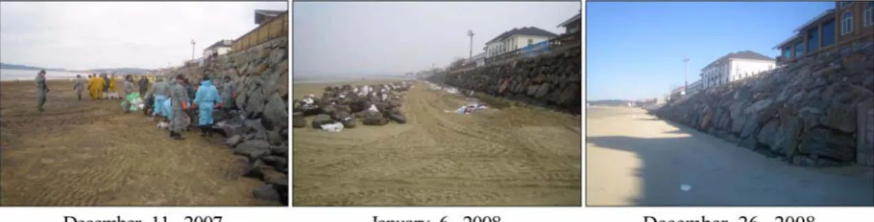 Fig. 17 는 신두리해수욕장(Shindoori beach)에서 2007년 12월 11 일, 2008년  1월  6일, 2008년 12월 26일에  3차례 촬영된 사진으로, 4 일경과(2007년 12월 11일) 후에는 모래에 유출된 기름이 침투되 어 진한 갈색으로 모래가 변해있는 상태였으며, 해안구조물인 옹벽 의 바위사이에는 많은 양의 기름이 고여 있는 상태였다