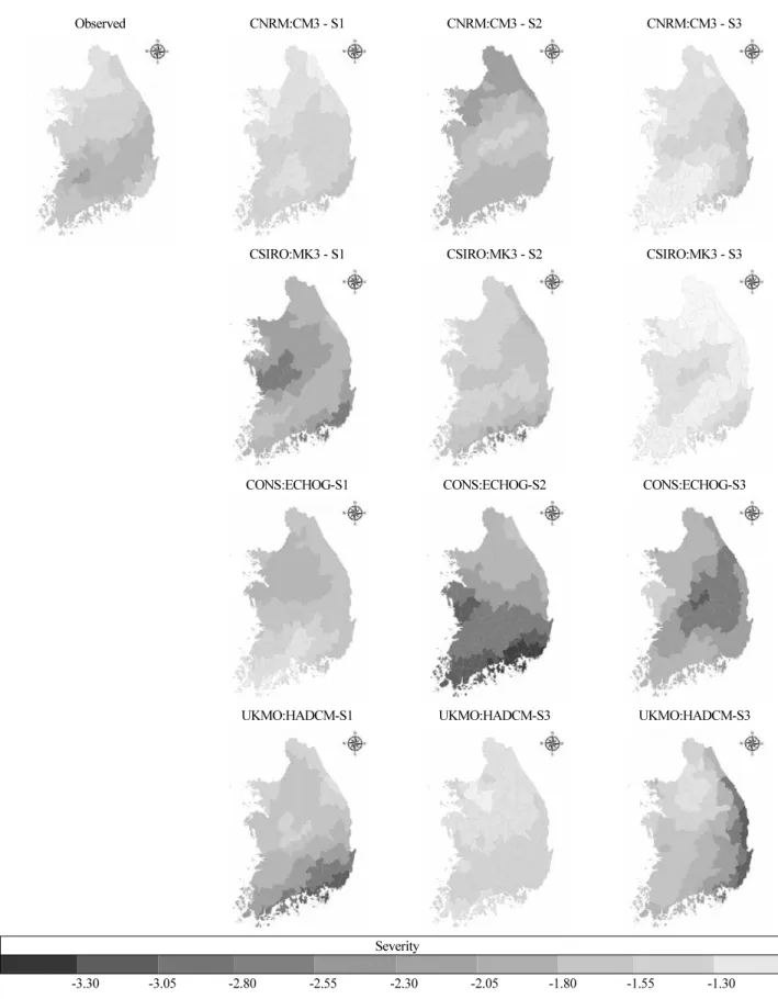 Fig. 6. Projected Change in Potential Drought Hazard area Between Observed (1976-2010) and Projected Period (S1, S2, S3) by 4 GCMs (A2  Scenario, Return Period: 200 years, Duration: 6 months) 