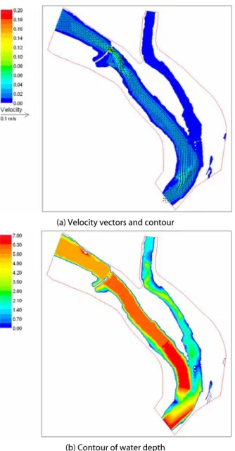 Fig. 8. Simulation results of velocity and water depth after  dredging