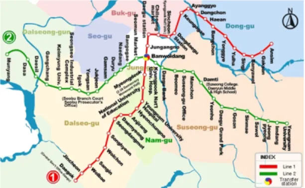 Figure 1.  Subway lines in Daegu city