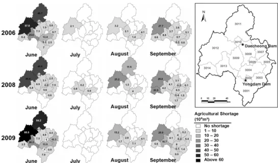 Fig. 12. Agricultural water shortage in drought period (2006, 2008, and 2009). 5. 결 론 본 연구에서는 금강유역(9865 km²)을 대상으로 SWAT  모형과  MODSIM-DSS  모형을 연계하여 농업용수 공급능력을 평가하였 다