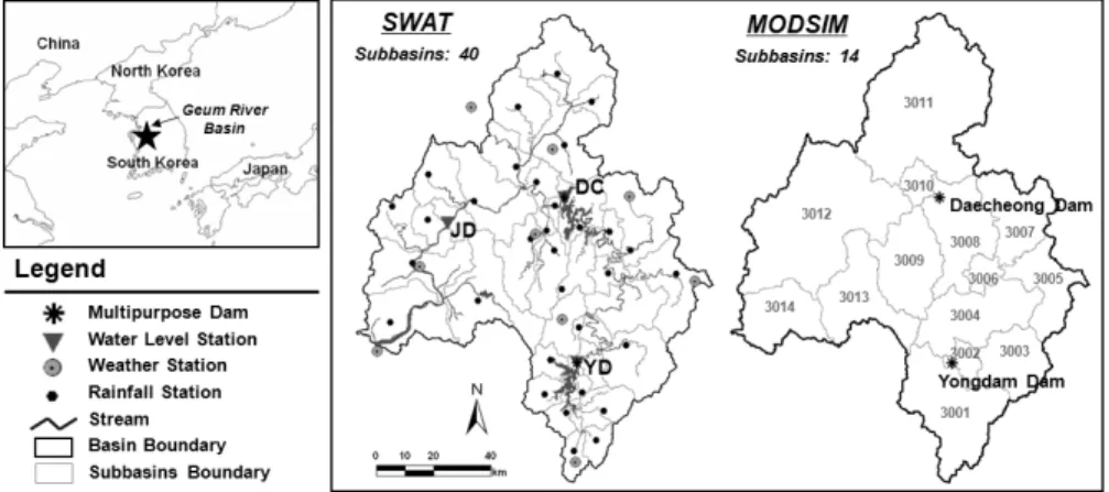 Fig. 2. Map of the Geum River basin and the list of hydrological observation.계산할 수 있도록 하였다
