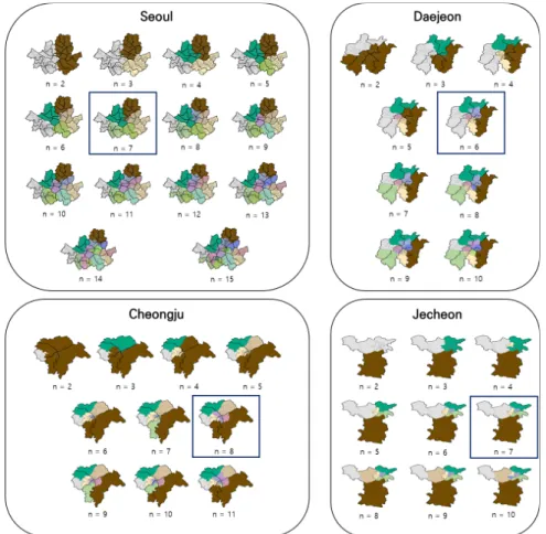 Figure 6.  Multi-level travel boundary maps by modularity level (The highlighted blue-colored part refered to as a 15-min travel  boundary) Table 1과 같이, 각 도시별 Multi-level 생활권의 모듈성은 서울시가 최소 약 0.42에서 최대 약 0.71 정도의 모듈 성을  갖는 것으로 나타났고, 대전이 최소 약 0.31에서 최대 약 0.6