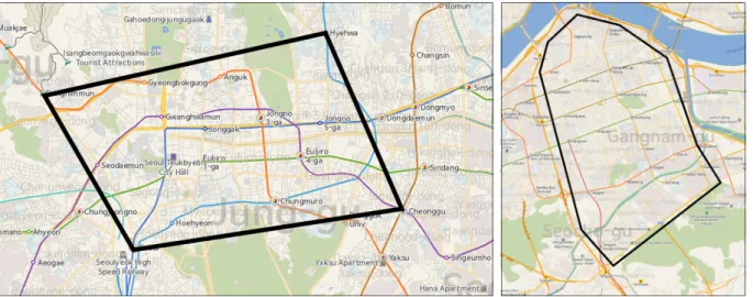 Figure 2.  Spatial scope, Jongno (left) and Gangnam (right)