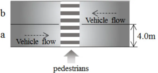 Figure 1.  Description of road with two lanes  2)  차량통행량 일정시간동안 횡단보도에 도 착하는 차량대수를 무작위로 발생하는 연속적인 이산변수로 가정하고, 차량도착분 포를 확률변수가 시간의 진행에 따라 변하는 과정을 의미하는 확률과정(stochastic process)을 이용하여 모사한다