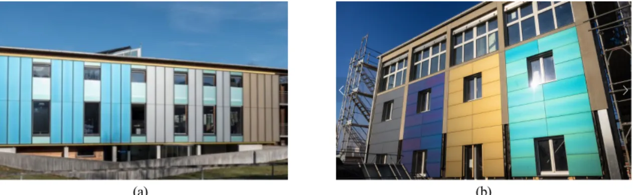 Fig. 1  Color BIPV Installation Examples_(a) Doma solartechnik office, (b) Coal silo redevelopment