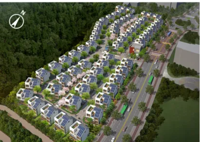 Fig. 1은 분석 대상 인 S시(36°30'53.3"N 127°14'08.5"E) R-house의 주거단지 전경으로 총 60세대로 이루어 져 있으며 전용면적 85 m 2 의 2층의 단독주택 제로 에너지 건물이다