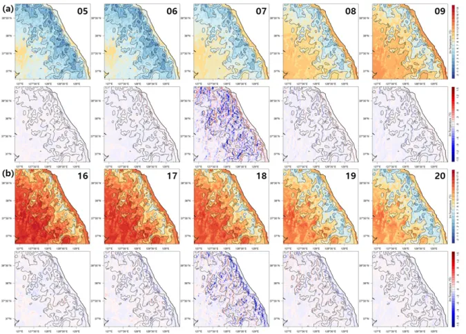 Fig. 8  Averaged 2 m temperature horizontal distribution of the CTL and averaged horizontal distribution difference (SSE-  CTL)