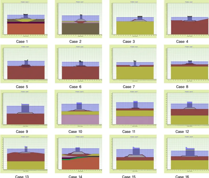Fig. 3. Geometries and the most critical slip surfaces of open cell caisson breakwaters for stability analyses against circular  failure for Cases 1~16