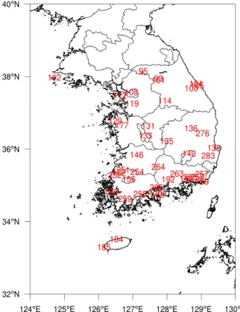 Fig. 1  Domain for Satellite derived solar irradiance datasets provided by public big data platform and locations of 42 ASOS  stations in KMA
