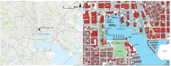 Fig. 1 Map of Baltimore(Whole city and inner harbor area) Source: www.baltimorecity.gov 2.3 항만재개발 기본계획 우리나라의 경우도 항만들 간의 용도와 역할 조정에 대한 필요성이 계속 제기되어 왔으며, 내항 지역에 대한 재개발 요 구도 높아져 왔다