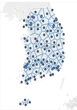 Fig. 3  Regional distribution of 100 locations in weather database