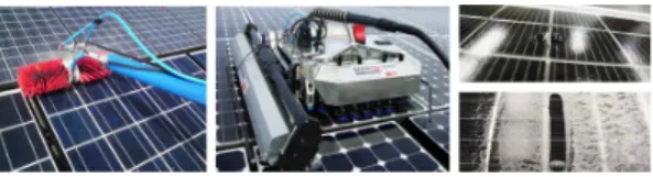 Fig. 12. Cleaning methods: water spray (left), self-cleaning robot (middle), hydrophobic coating (right) 5)