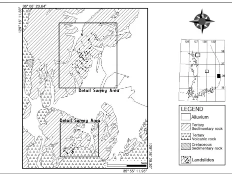 Fig. 1. Survey area and landslides on the geological map of study area (after geological map: Um, S