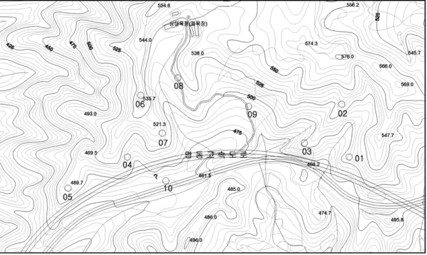 Fig. 5. Location of soil sample주와 횡성사이의 영동고속도로 상에 위치한 고속도로 인접 자연사면이다. Fig. 4는 대상지역의 위성사진을 나타낸 것으로서 그림내 사각형은 급경사지재해 예측 구간을 표시한 것이다