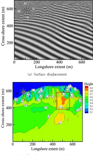 Fig. 5 Distribution of surface displacement and wave height by wave coming from southwest.