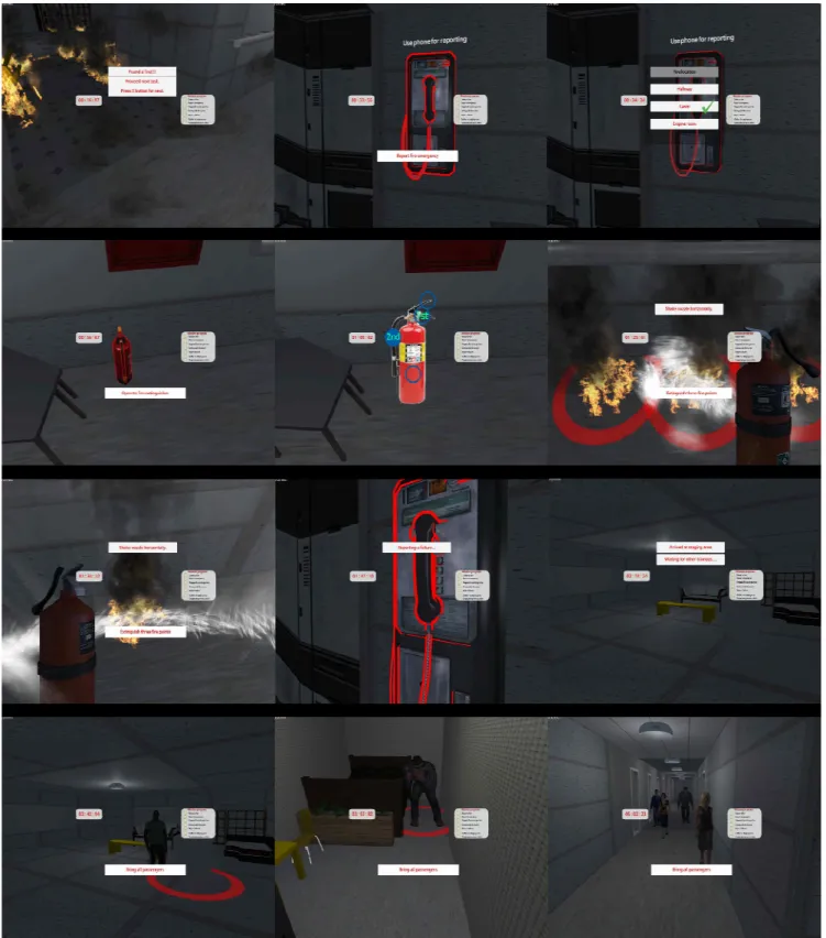 Fig. 5 Screenshots of fire drills in the proposed training platform at a trainee’s view