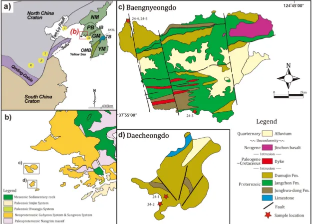 Fig. 1. Simplified geological map with sample locations of Baengnyeongdo and Daecheongdo located off the coast  of North Korea, modified after IGSASDPRK (1996), Lim et al