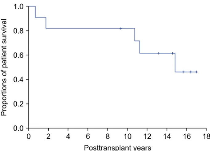 Fig. 1. Kaplan-Meier analysis of overall patient survival in  11 patients who underwent simultaneous liver-kidney  trans-plantation.