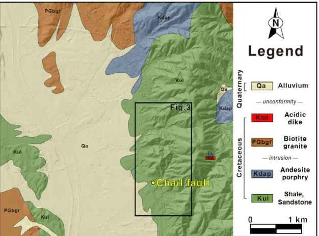 Fig. 2. Geological map of the study area (modified from Park and Yoon, 1968). The study area is composed of mostly  Cretaceous shale and sandstone underlying Quaternary deposits.