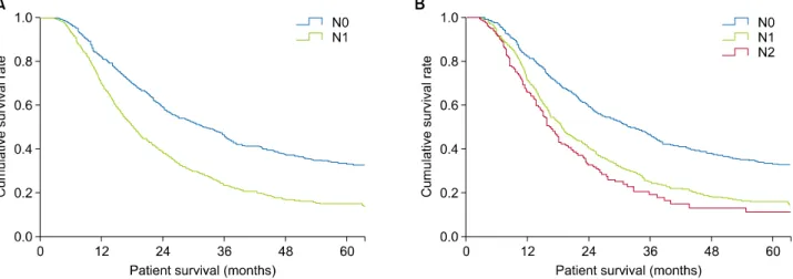 Fig. 1. Overall survival in N0 patients subcategorized by T stage (omitting those categorized as T4, M1, and R1 and those  who received neoadjuvant chemotherapy)