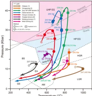 Fig. 8. The P-T-t paths along the Qinling-Sulu-Odesan  collisional belt (modified after Oh and Lee, 2018)