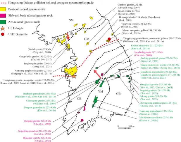 Fig. 2. The distribution map of the Permo-Triassic granitoids in the Korean Peninsula