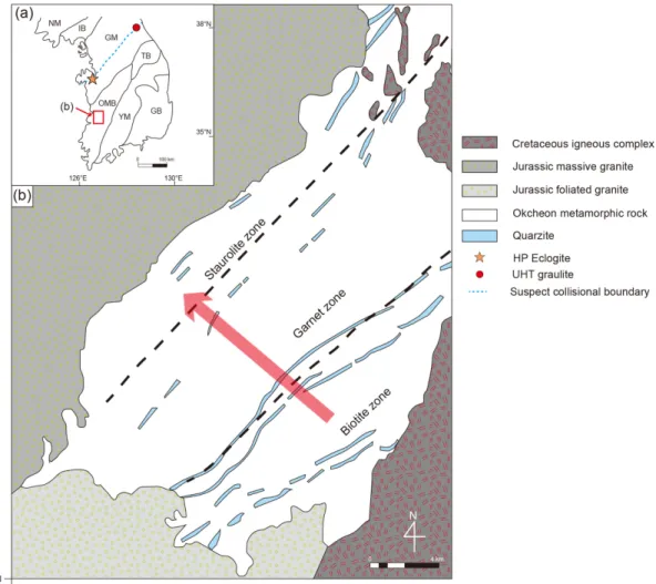 Fig. 6. (a) Simplified tectonic map of the Korean Peninsula and (b) geologic map of the Okcheon metamorphic  belt (modified from Kim et al., 2005)