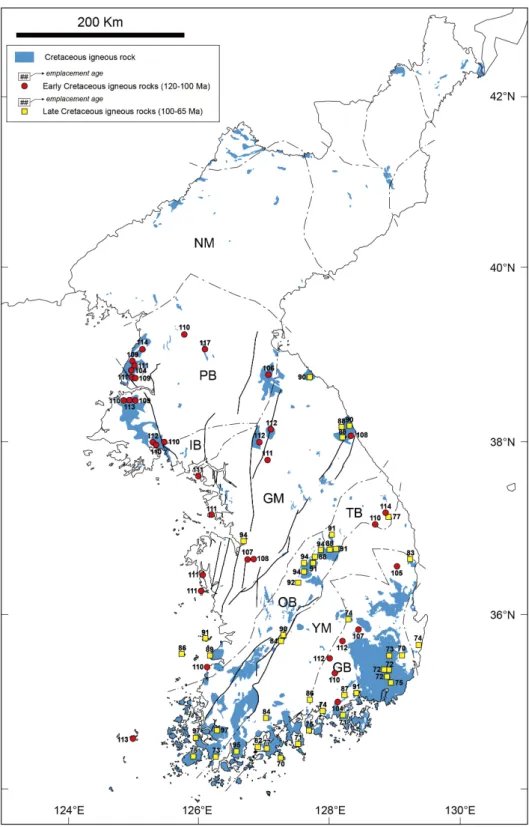 Fig. 1. Distribution map of the Cretaceous igneous rocks in the Korean Peninsula showing their emplacement age