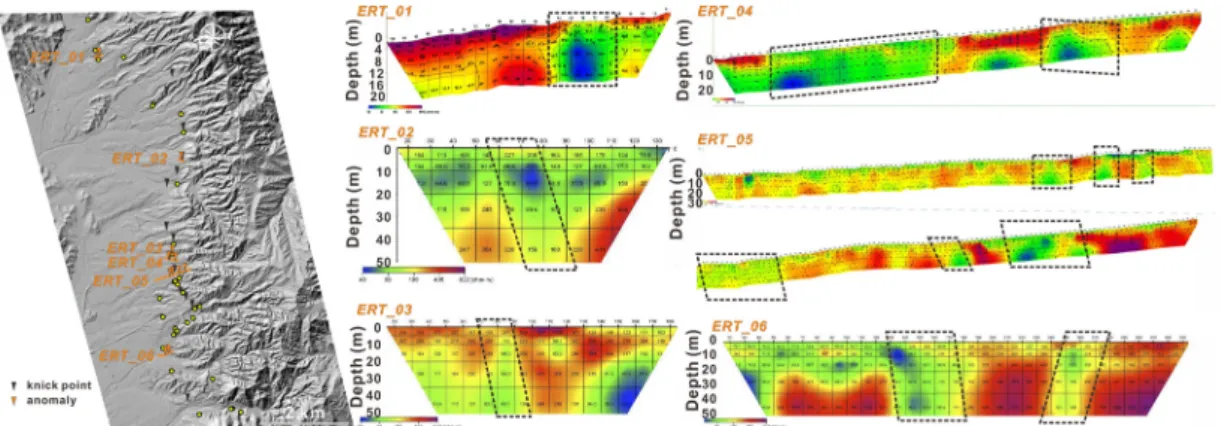 Fig. 8. Results and locations of the electrical resistivity tomography (ERT) survey in the study area