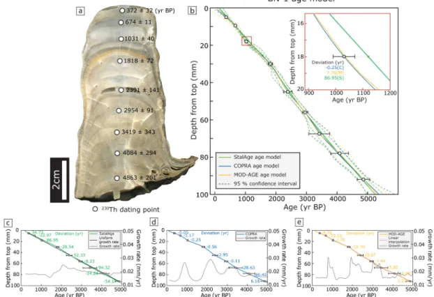 Fig. 3. (a) A rock slab of stalagmite BN-1 showing sub-sampling points for  230 Th dating