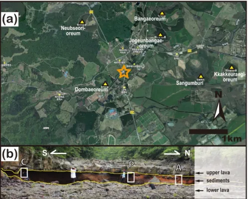 Fig. 1. Location map and photo view of the outcrop for the studied site. (a) Satellite map view (modified from the  map provided in https://www.vworld.kr/) showing the studied site location (orange star) with its surrounding 