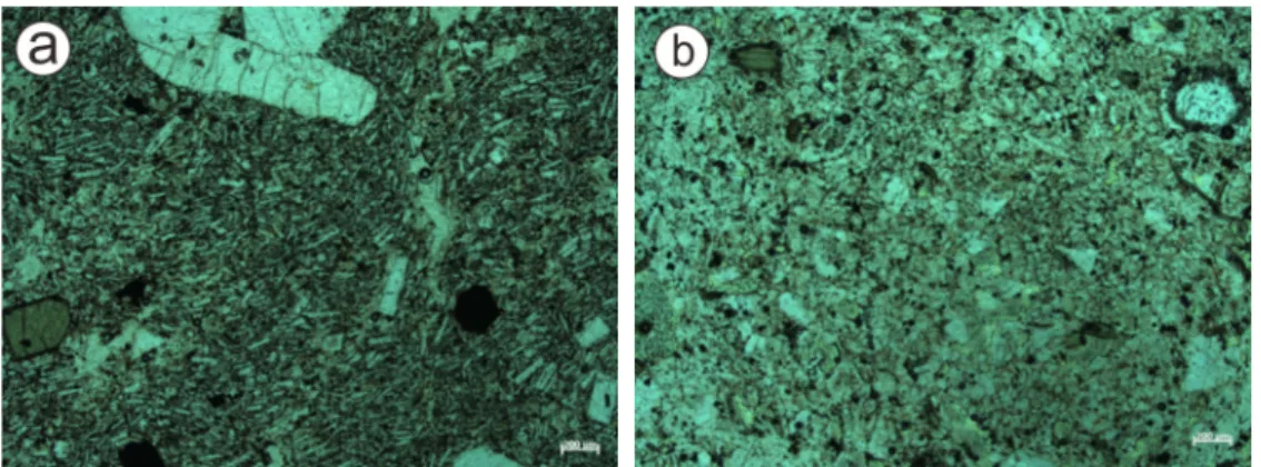 Fig. 7. Photomicrographs at the same scale for (a) low density lava (LDL), (b) moderate density lava (MDL), and  (c) high density lava (HDL)