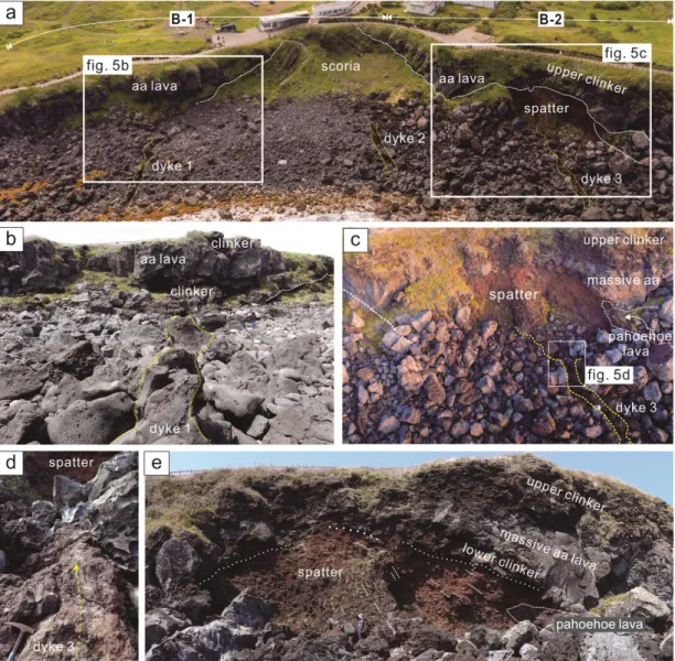 Fig. 5. (a) An aerial view of Section B. (b) Aa lava and dyke 1 in Section B-1. (c) Lava flows and spatter in Section  B-2, and dyke 3 widens like a funnel toward the spatter 