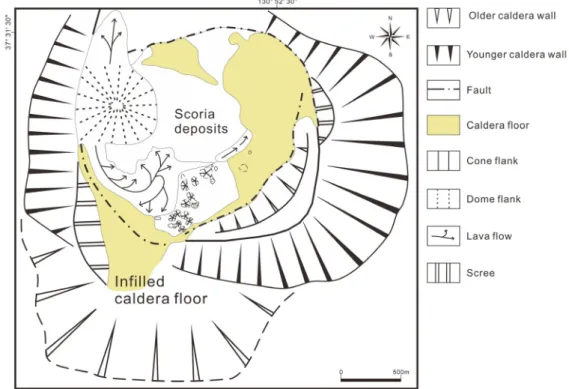 Fig. 3. Schematic map of the Nari caldera complex summarizing the main structural and morphological features  of the calderas.