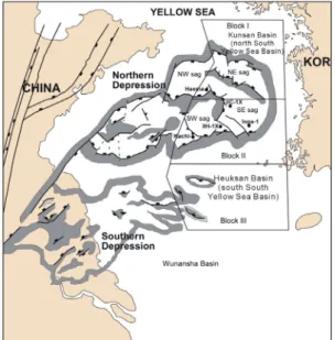 Fig. 1. Geological structure map of the Kunsan Basin  (northern South Yellow Sea Basin), Offshore Korea,  showing the distribution of sub-basins (modified from  PEDCO, 1997).