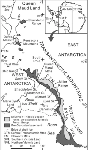 Fig. 9. Geologic map showing distribution of the  Devonian-Triassic Beacon Supergroup (Elliot and  Fanning, 2008)
