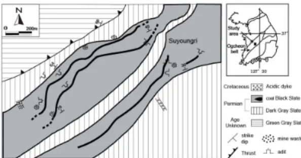Fig. 1. Geologic map of the Suyoungri area. 해 자원 확보에 노력을 기울이고 있으며, 그 중 현재 국내 전력생산의 약 36% 가량을 차지하는 원자력의 연료인 우라늄 자원 확보를 위해 함우라늄층으로 알려진 옥천변성대 흑색점판암에 대한 연구가 새롭게 주목을 받고 있다(KIGAM, 2010).그  동안  옥천변성대  우라늄  광화작용에  관하여 우라늄광화대의 지질 및 층서,  지질구조,  우라늄광물의 산출, 지화학적 특성 및 