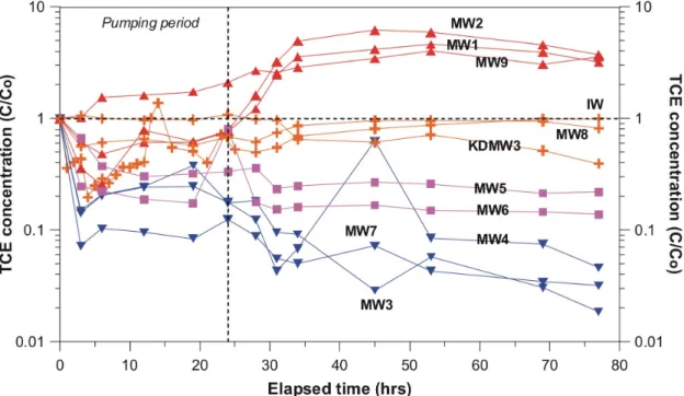 Fig. 4. TCE concentration normalized by the initial value (Co) for each well.0.191 mg/L에 도달하였다