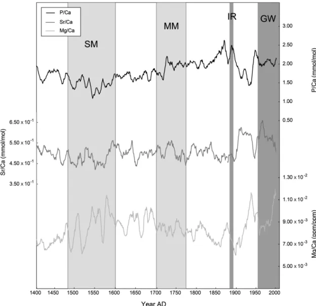 Fig. 5. High resolution P/Ca, Sr/Ca, and Mg/Ca compositions of the YC-1 stalagmite of the past 600 years
