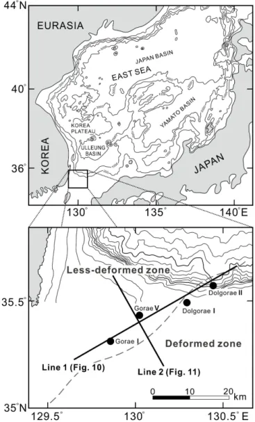 Fig. 1. Location map of the study area including two seismic lines and four wells. Modified from Yoon et al
