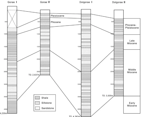 Fig. 3. Lithology and correlation of the Gorae and Dolgorae wells.는 동해 형성 초기 빠른 침강에 의해 생긴 퇴적 공간을 매우기 위해 퇴적된 퇴적물이며 층후는 8～10 km 정도이다