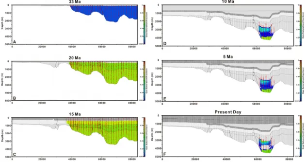 Fig. 11. 2D model of Line 1 showing gas saturation through geologic time.