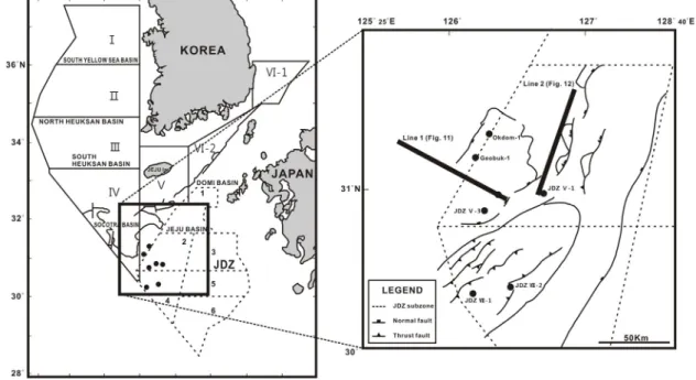 Fig. 1. Location map of the study area including wells (circle) and seismic lines (line).