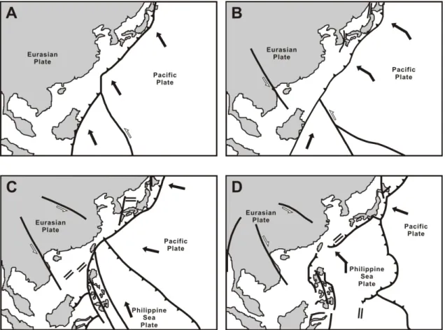 Fig. 2. Tectonic evolution of the East China Sea Shelf Basin. A: Paleocene, B: Late Eocene, C: Ealy Miocene, D: 
