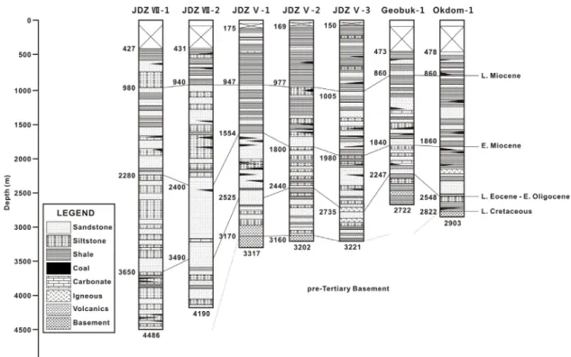 Fig. 3. Lithology of study wells (modified from Cukur et al., 2011).되었다. 플라이오세 이후부터는 광역적인 침강이 시작되었으며,  이 침강작용은 현재까지 지속되고 있다(Zhou et al., 1989)