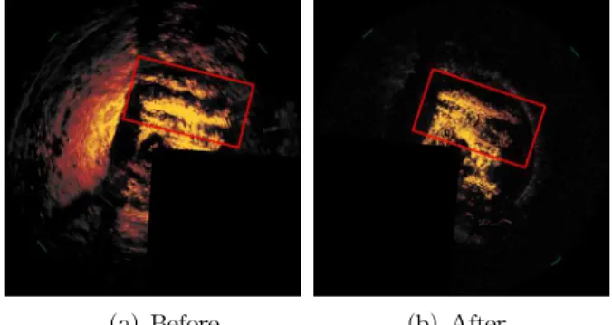 Fig. 13 Scanning sonar images of rubble leveling mound before and after the work